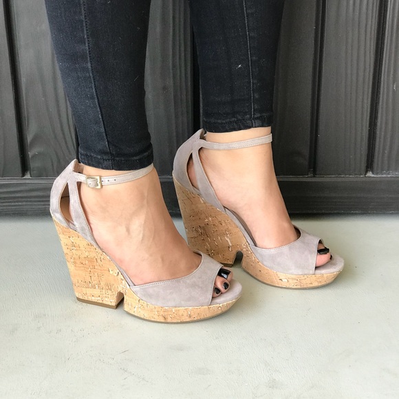 Taupe Peep Toe Chic Cork Platform Wedge Sandal - Picture 3 of 7